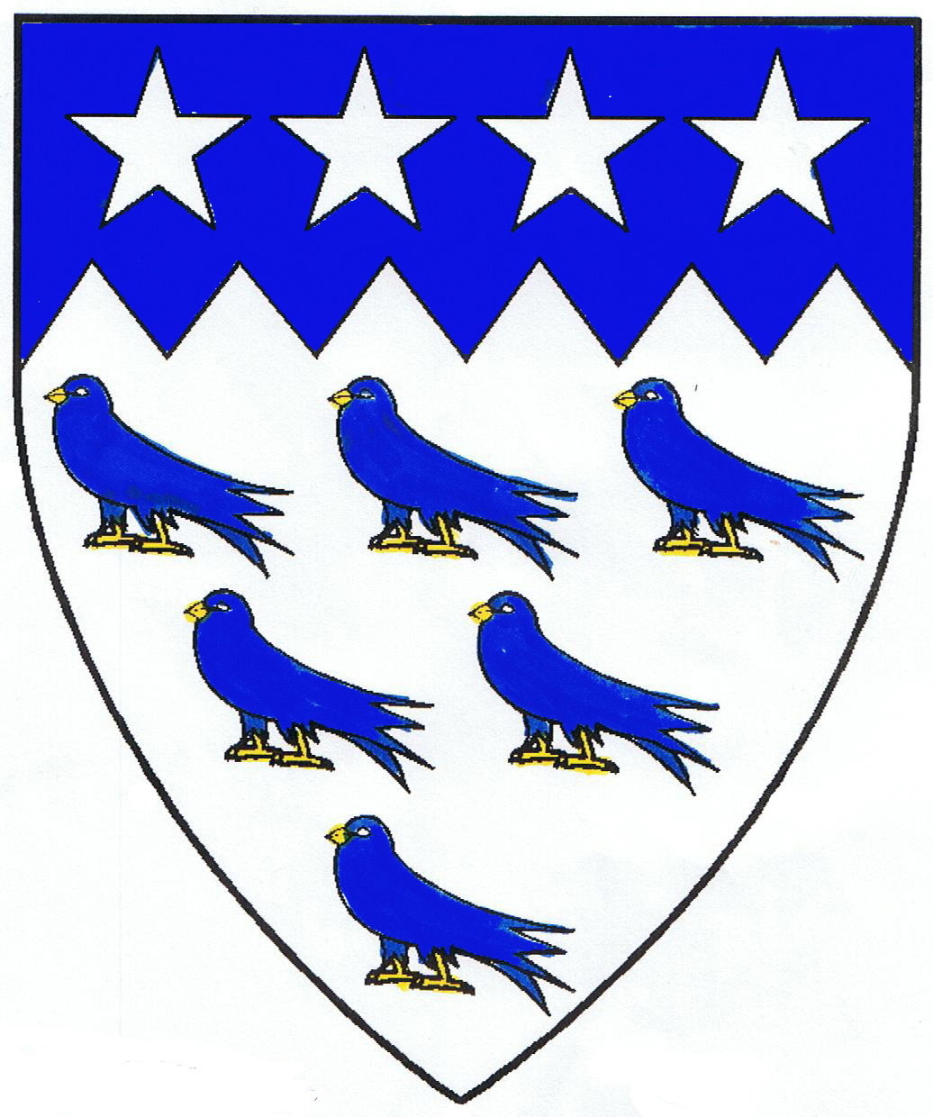 [Argent, six birds close and on a chief indented azure four mullets argent	  ]